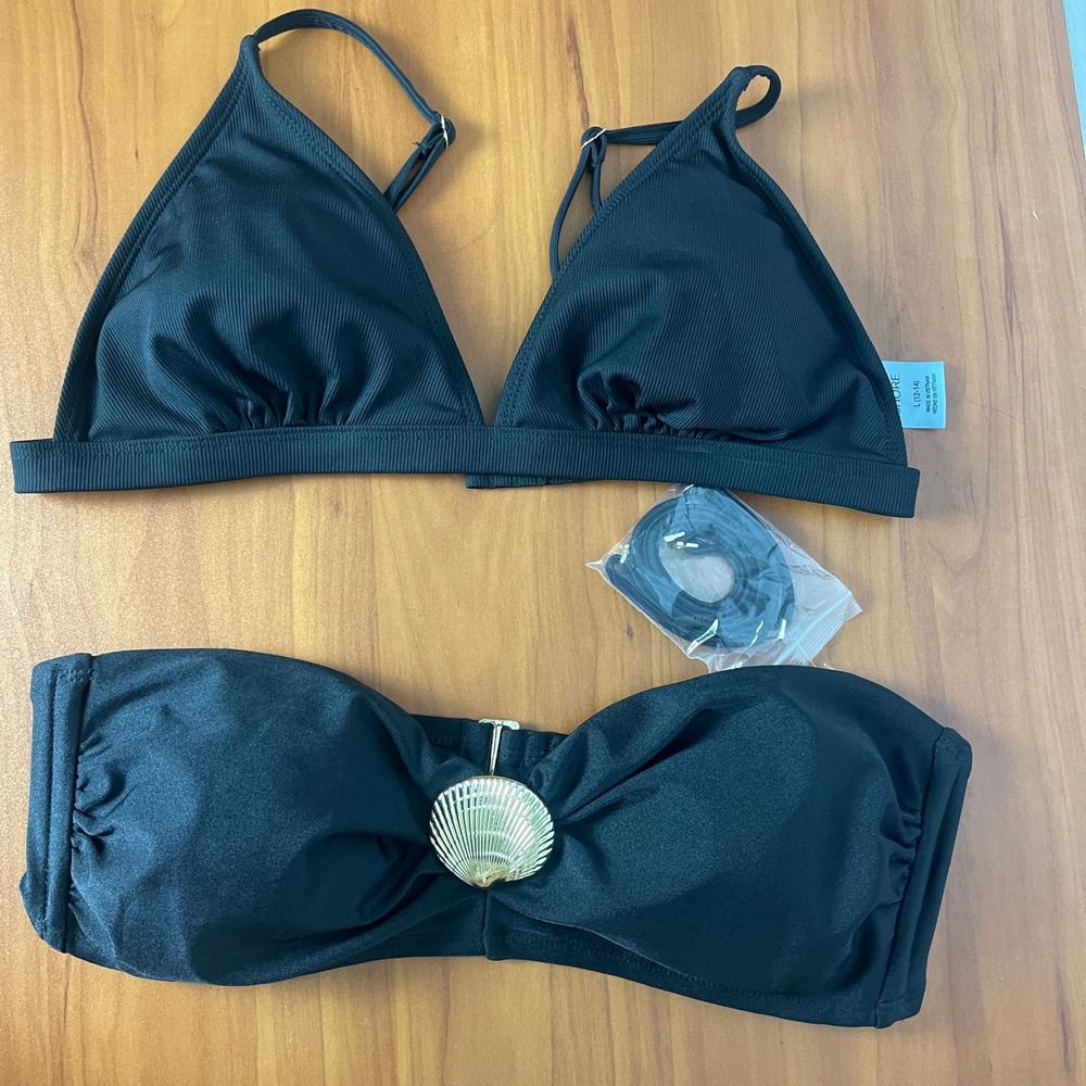 2 Shade & Shore Womens Black Bikini Top Shell‎ Detail Ribbed Bandeau Swimsuit L